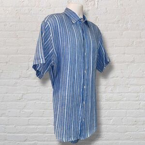 🌴 VTG Puro Lino Made in Italy 100% Linen Blue Striped Button-Up Shirt Men’s L